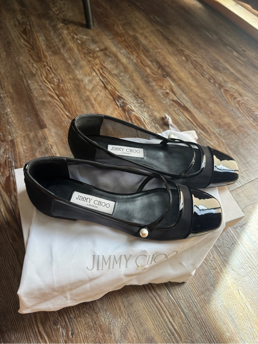 Jimmy Choo Elisa Black Patent & Mesh Ballet Flats with Pearl Accent